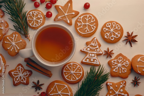 A cozy Christmas tea setup featuring a warm cup of tea surrounded by holiday gingerbread cookies in festive shapes, such as stars and trees.