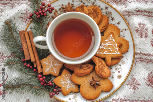 A cozy Christmas tea setup featuring a warm cup of tea surrounded by holiday gingerbread cookies in festive shapes, such as stars and trees.