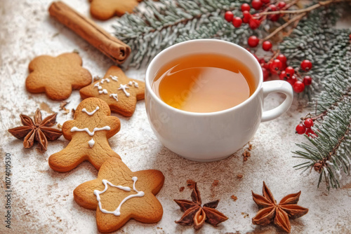A cozy Christmas tea setup featuring a warm cup of tea surrounded by holiday gingerbread cookies in festive shapes, such as stars and trees.