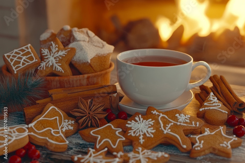 A cozy Christmas tea setup featuring a warm cup of tea surrounded by holiday gingerbread cookies in festive shapes, such as stars and trees.
