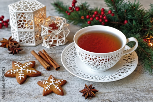 A cozy Christmas tea setup featuring a warm cup of tea surrounded by holiday gingerbread cookies in festive shapes, such as stars and trees.