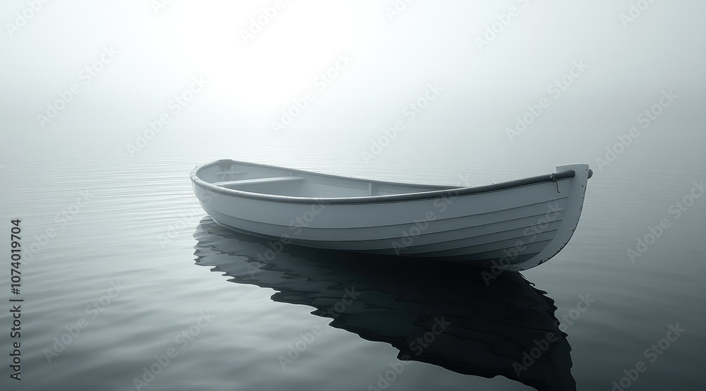 Naklejka premium A small white rowboat sits alone on a calm body of water, shrouded in a thick fog.