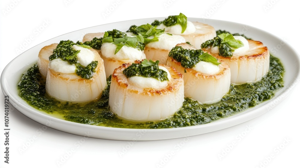 Seared scallops with pesto and creamy garnish Seared scallops with pesto and creamy garnish