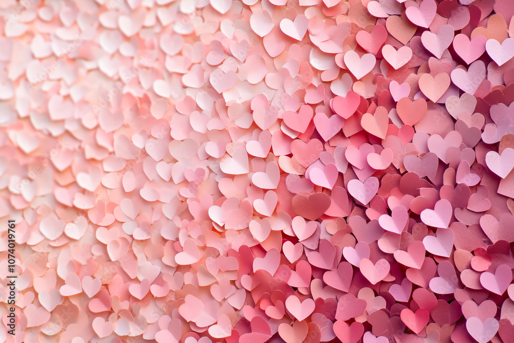 Fototapeta premium A collection of soft pink and peach paper hearts creating a textured, romantic background on St. Valentine Day with copy space for love-themed messages.