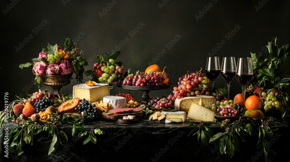 Fototapeta premium Elegant Cheese and Wine Display with Fresh Fruit