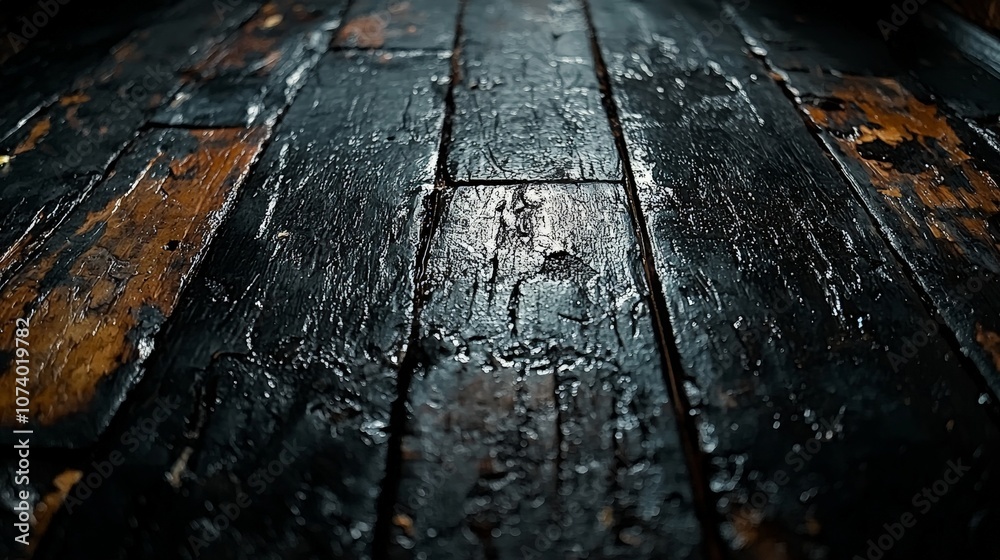 Close-up of weathered wooden floorboards with a glossy finish. Close-up of weathered wooden floorboards with a glossy finish.