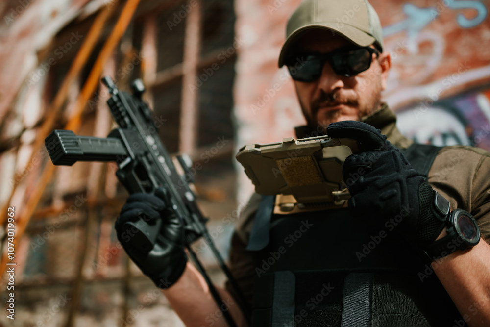 Soldier using tablet and holding submachine gun in destroyed building Soldier using tablet and holding submachine gun in destroyed building