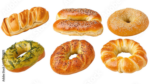 Freshly Baked Assortment of Bread Rolls and Bagels on a Clear Backdrop Generative AI photo