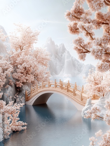 Minimalist 3D illustration of Qixi Festival with mountains, sea, and arch bridge in serene landscape