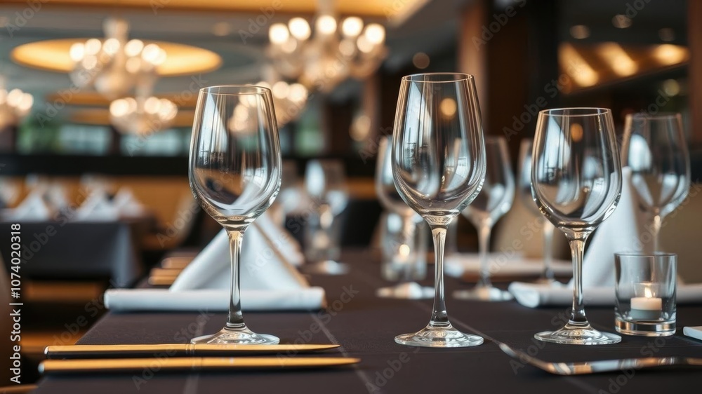 Empty glasses set on a wooden table in a restaurant, minimalistic, dining Empty glasses set on a wooden table in a restaurant, minimalistic, dining