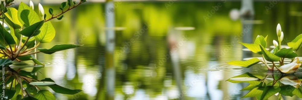 Fototapeta premium Fresh birch leaves floating on calm water surface, environment, peaceful