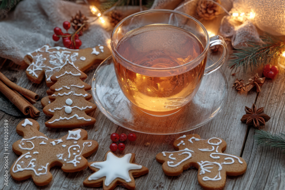 A cozy Christmas tea setup featuring a warm cup of tea surrounded by holiday gingerbread cookies in festive shapes, such as stars and trees. A cozy Christmas tea setup featuring a warm cup of tea surrounded by holiday gingerbread cookies in festive shapes, such as stars and trees.