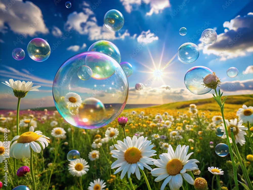 A Dreamy Landscape of Soap Bubbles and Daisies Under a Clear Blue Sky, Capturing the Essence of Nature's Beauty and Whimsy in a Serene Outdoor Setting A Dreamy Landscape of Soap Bubbles and Daisies Under a Clear Blue Sky, Capturing the Essence of Nature's Beauty and Whimsy in a Serene Outdoor Setting