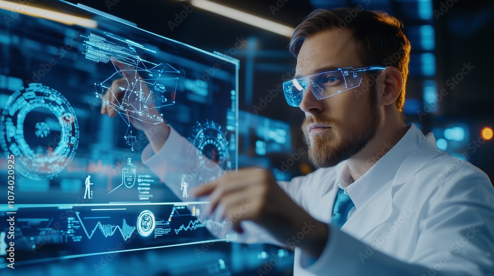 Factory worker overseeing robotic performance through a holographic control panel, representing the role of artificial intelligence and robotics in modern manufacturing processes. Factory worker overseeing robotic performance through a holographic control panel, representing the role of artificial intelligence and robotics in modern manufacturing processes.