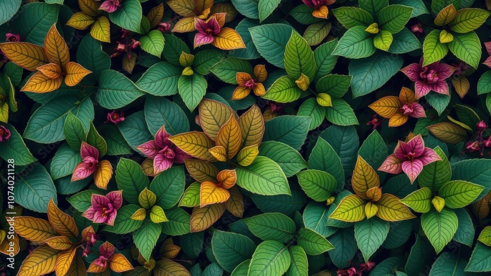 Lush green foliage and golden blooms create a stunning botanical background, background, pattern