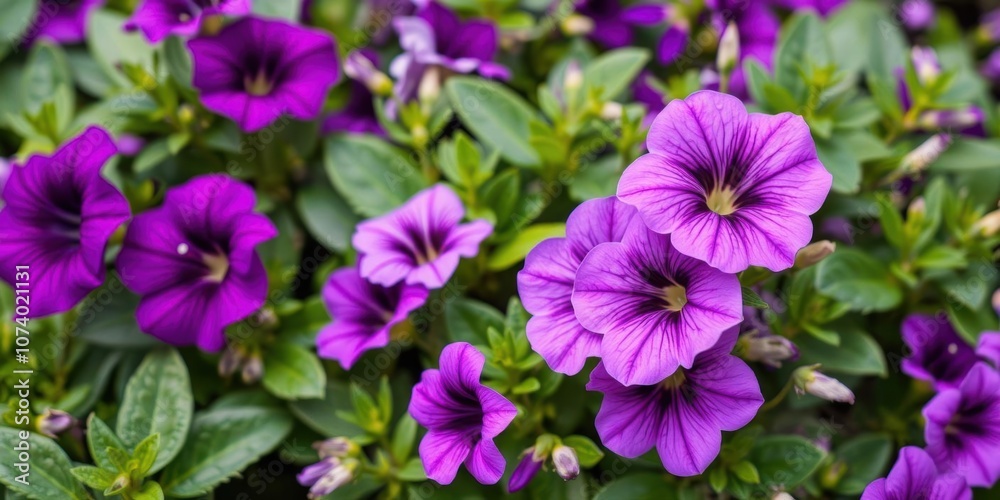 Lush purple petunia flowers blooming in a vibrant garden during Spring time, beautiful, seasonal Lush purple petunia flowers blooming in a vibrant garden during Spring time, beautiful, seasonal