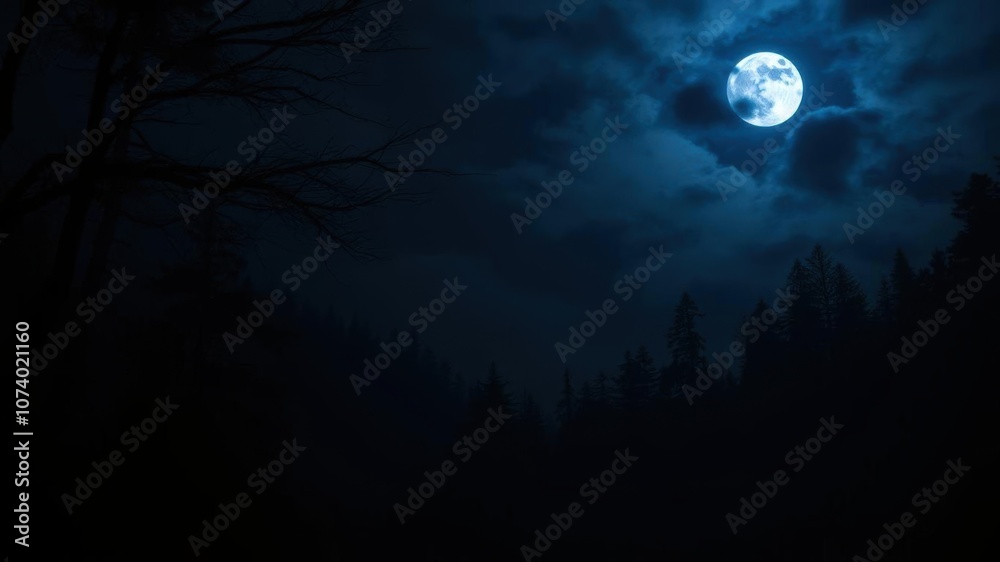 Majestic dark forest illuminated by full moon light, mystical, spooky Majestic dark forest illuminated by full moon light, mystical, spooky