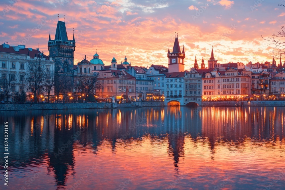 Prague Cityscape with Sunset Reflected in the Vltava River Prague Cityscape with Sunset Reflected in the Vltava River
