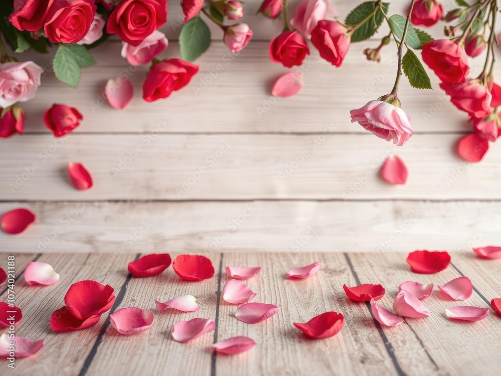 Many delicate rose petals in various shades of pink and red falling gently onto a wooden floor, beauty, red Many delicate rose petals in various shades of pink and red falling gently onto a wooden floor, beauty, red
