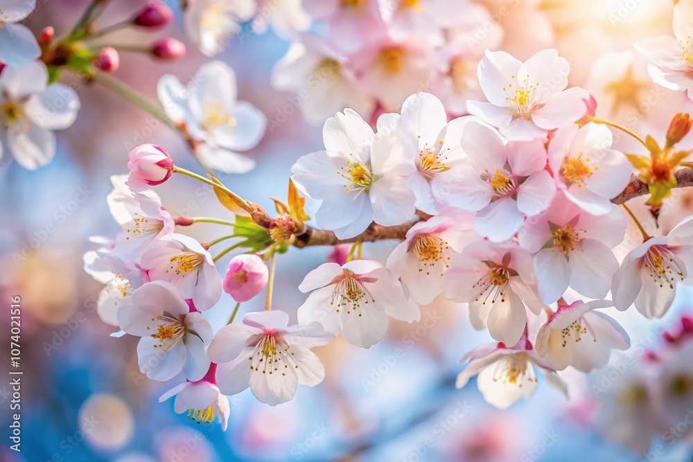 Fototapeta premium Aerial Close-Up of Cherry Blossoms in White and Pink, Showcasing the Delicate Petals and Vibrant Colors of Springtime Blooms in a Stunning Natural Landscape