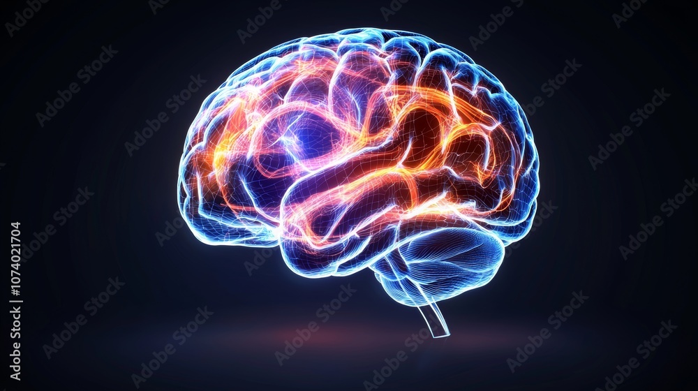 Side view of a human brain encased in holographic x-ray, digital pathways illuminated, futuristic and scientific display, vibrant details Side view of a human brain encased in holographic x-ray, digital pathways illuminated, futuristic and scientific display, vibrant details
