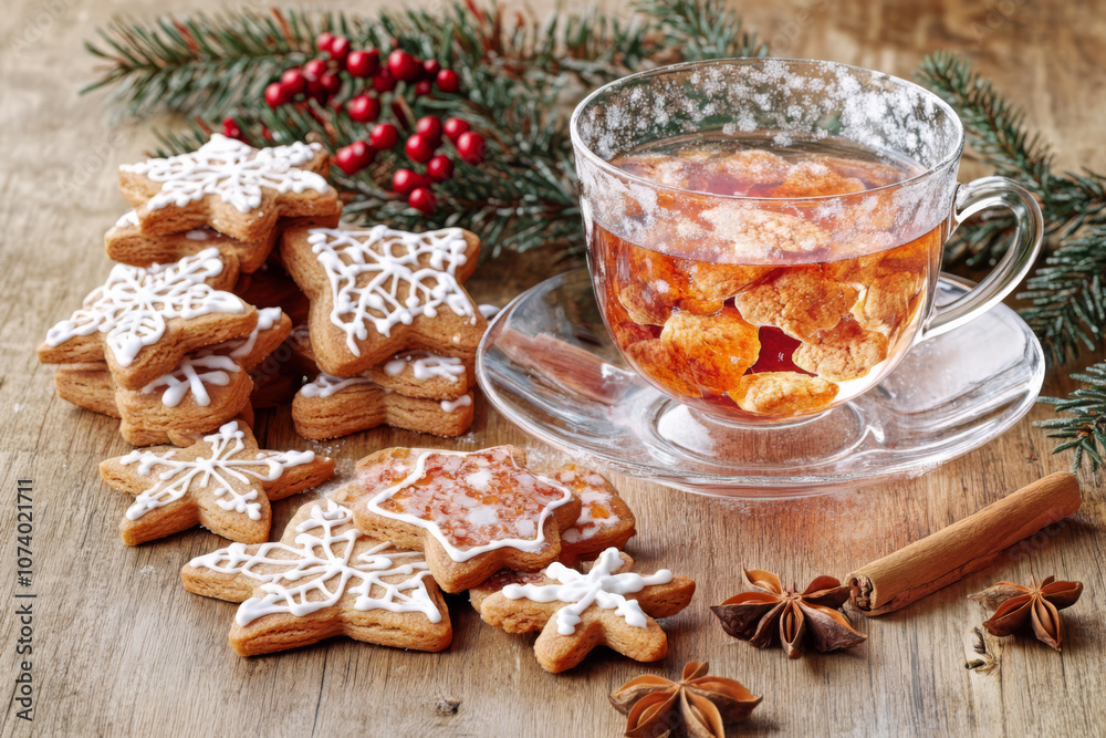 A cozy Christmas tea setup featuring a warm cup of tea surrounded by holiday gingerbread cookies in festive shapes, such as stars and trees. A cozy Christmas tea setup featuring a warm cup of tea surrounded by holiday gingerbread cookies in festive shapes, such as stars and trees.