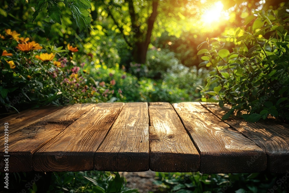 Wooden Tabletop with a Lush Green Forest Background