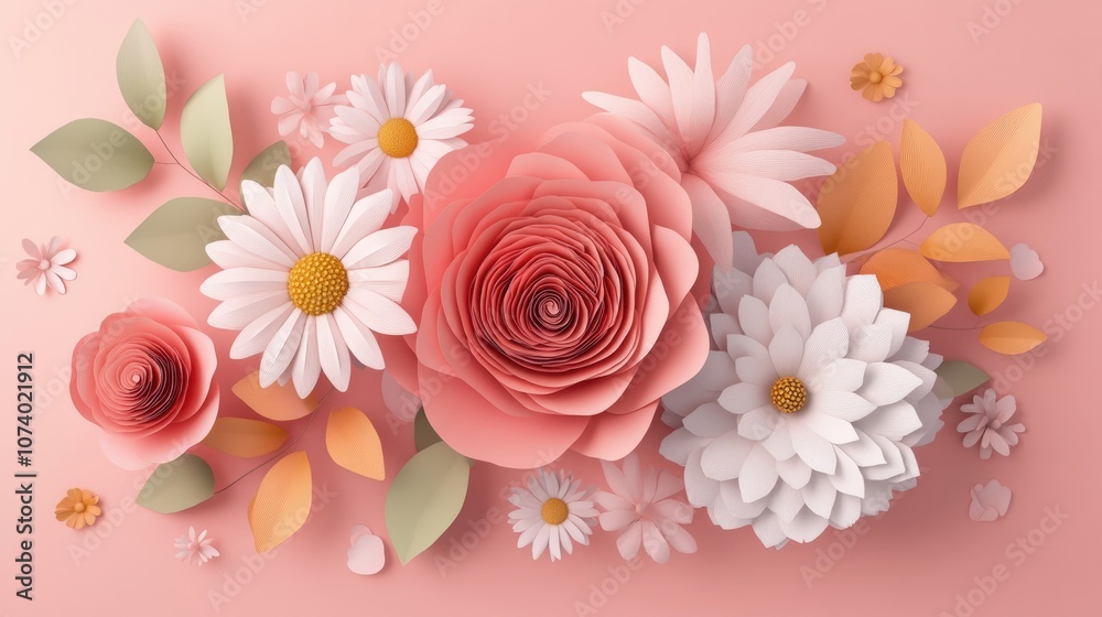 3D render of autumn floral arrangement featuring paper flowers including peony daisy and rose isolated on a pastel pink background ideal for nursery decor and baby shower themes 3D render of autumn floral arrangement featuring paper flowers including peony daisy and rose isolated on a pastel pink background ideal for nursery decor and baby shower themes