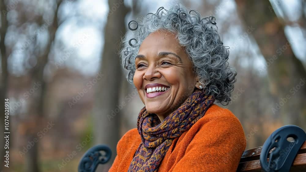 Elderly black woman with gray curls on park bench, laughing; relaxed blurred trees .