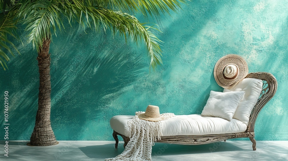 Obraz premium Tropical lounge with palm tree and wicker chaise for relaxation - ideal for travel agency advertisements