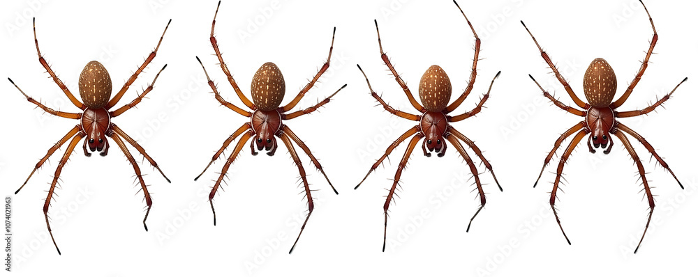 Four brown spiders with hairy legs and spotted abdomens are arranged horizontally against a white background. Four brown spiders with hairy legs and spotted abdomens are arranged horizontally against a white background.