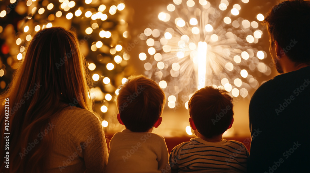 family watching fireworks Happy New Year 2025 family watching fireworks Happy New Year 2025
