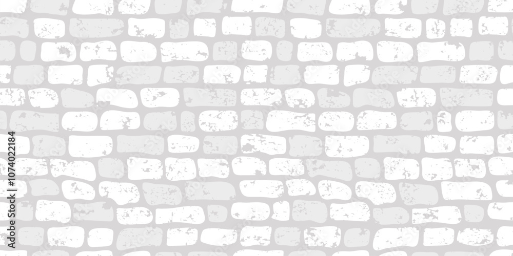 Brick wall grunge seamless pattern, white and gray tile texture, stone background. Path calm repeat wallpaper, geometric modern element print. Cartoon rock block bg. Abstract vector illustration