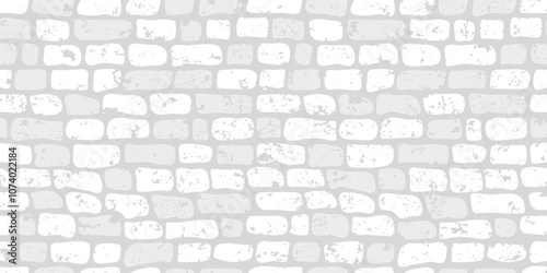 Brick wall grunge seamless pattern, white and gray tile texture, stone background. Path calm repeat wallpaper, geometric modern element print. Cartoon rock block bg. Abstract vector illustration