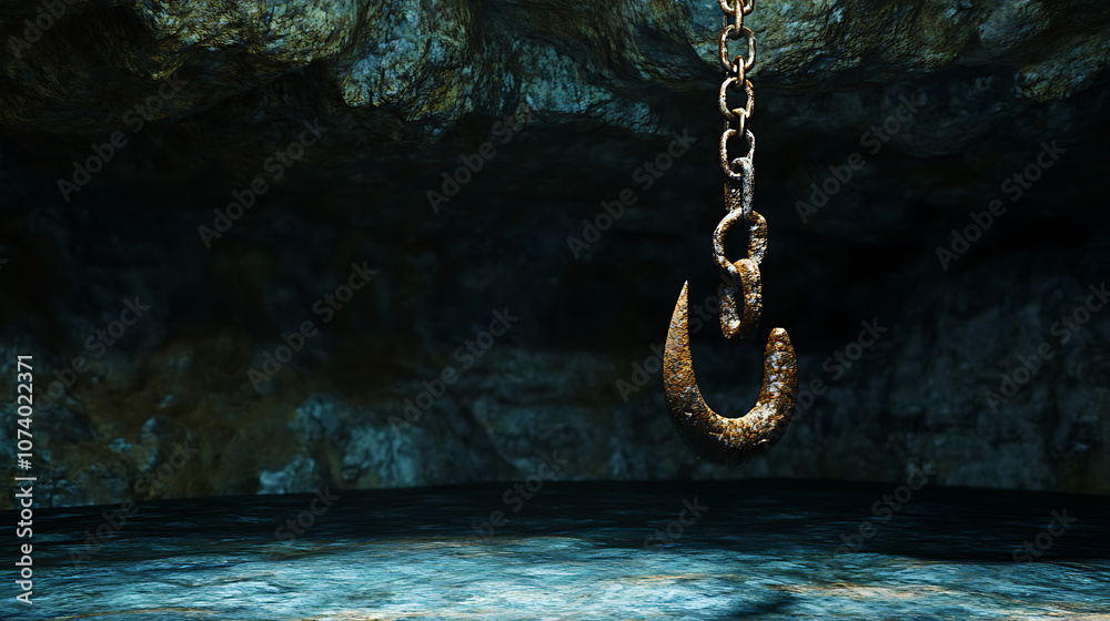 A 3D rendering illustration of a pirate's hook in a dark cave A 3D rendering illustration of a pirate's hook in a dark cave