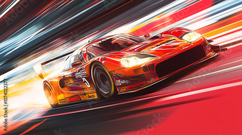 High-speed racing car captured in digital art, showcasing the intensity and thrill of competitive motorsports with dynamic motion blur