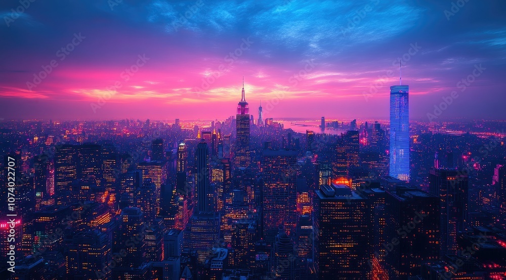 Obraz premium A stunning aerial view of a city skyline with vibrant pink and blue hues at sunset.