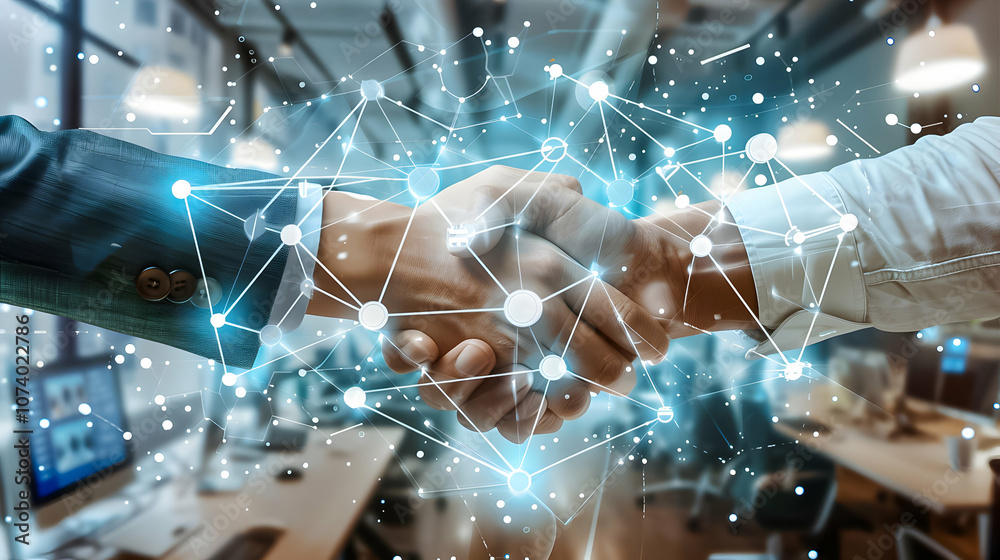 Digital handshake with network connections overlay, symbolizing technology-driven business partnerships. Digital handshake with network connections overlay, symbolizing technology-driven business partnerships.