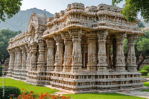 Intricately Carved Stone Temple with Ornate Pillars and Reliefs