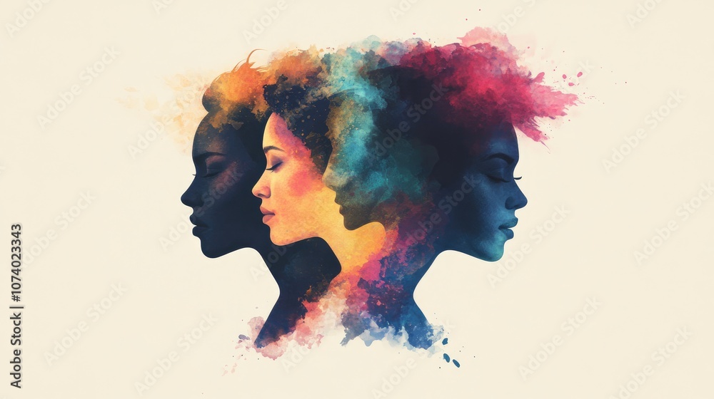 Obraz premium Diverse Group Of Silhouetted Heads With Watercolor Splashes Colorful Illustration Of Head Silhouettes With Watercolor Paint Accents