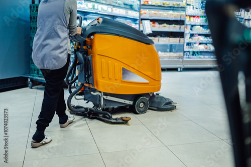 Janitor cleaning supermarket floor with a scrubber dryer machine