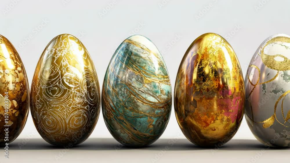 Five decorative eggs with gold and silver accents are lined up on a white surface Five decorative eggs with gold and silver accents are lined up on a white surface