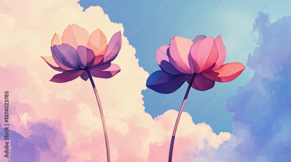 Naklejka premium Two Meter High Flowers Made Of Acrylic In Vivid Pink And Purple Against A Streaky Blue And Violet Sky With Fluffy Clouds