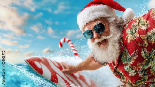 Santa surfing with a candy cane surfboard, embracing a tropical holiday vibe, AI