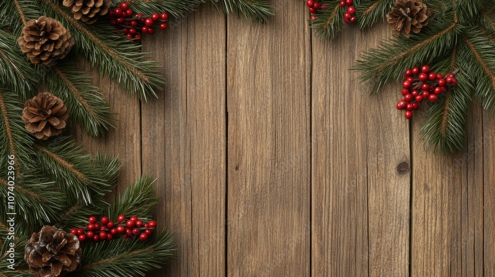 Festive pine and berry arrangement on rustic wooden background, AI Festive pine and berry arrangement on rustic wooden background, AI