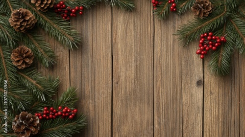 Festive pine and berry arrangement on rustic wooden background, AI