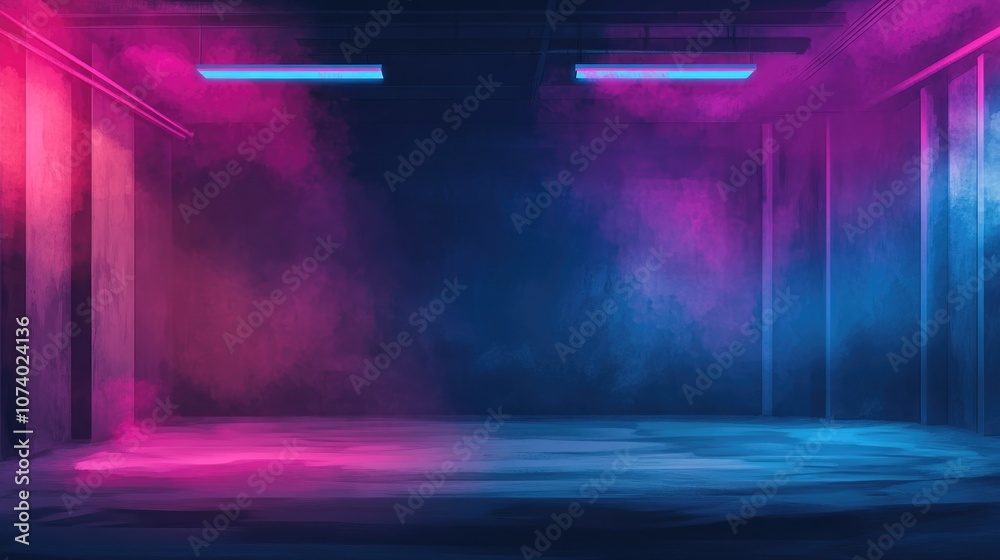 Naklejka premium Empty Dark Room With Neon Blue And Pink Lighting Smoke And Fog Concrete Floor And Walls Showcase Space Night Scene