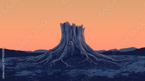 Dramatic View Of A Dying Tree Stump With Spreading Roots In Soil Illuminated By Sunset Light Against An Evening Sky photo