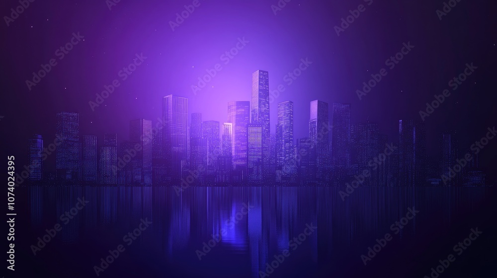 Fototapeta premium Silhouette Skyline Abstract Art Background Cosmic Lights Overlay On Cityscape Dark Skyscrapers On Purple Blue Nebula Celestial Theme