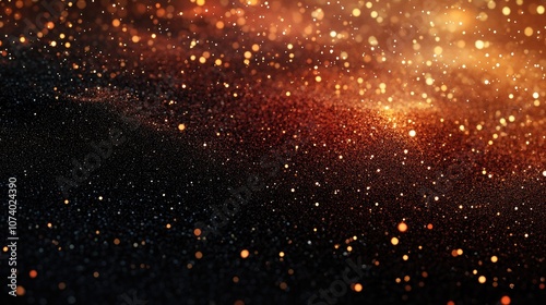 Abstract background featuring shiny glitter in black dark orange red and brown hues Includes twinkling star effects resembling a night sky or outer space with a textured rough surface